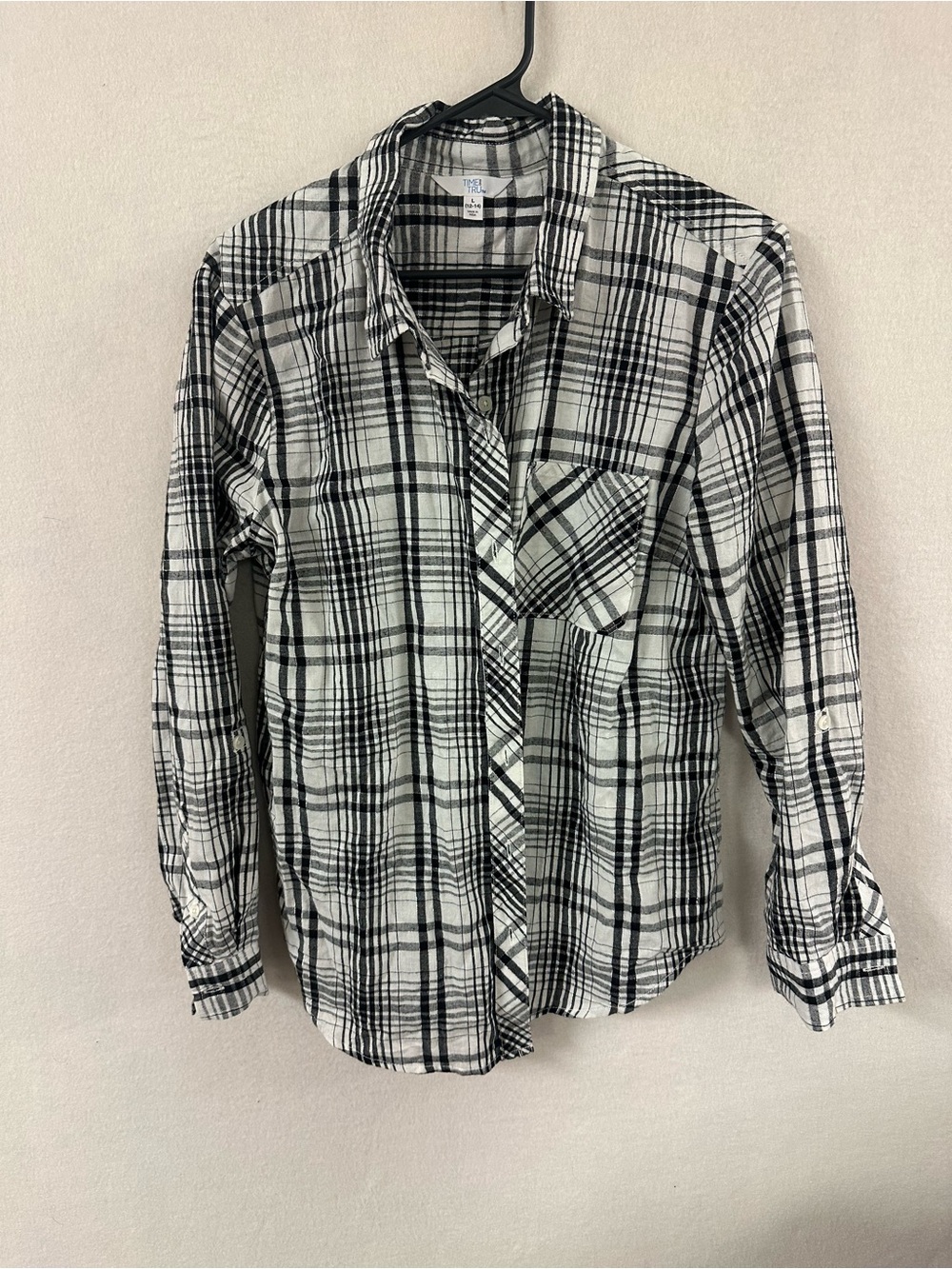 Time & Tru Women's Plaid Long Sleeve Button Up Shirt Top L Large White Black